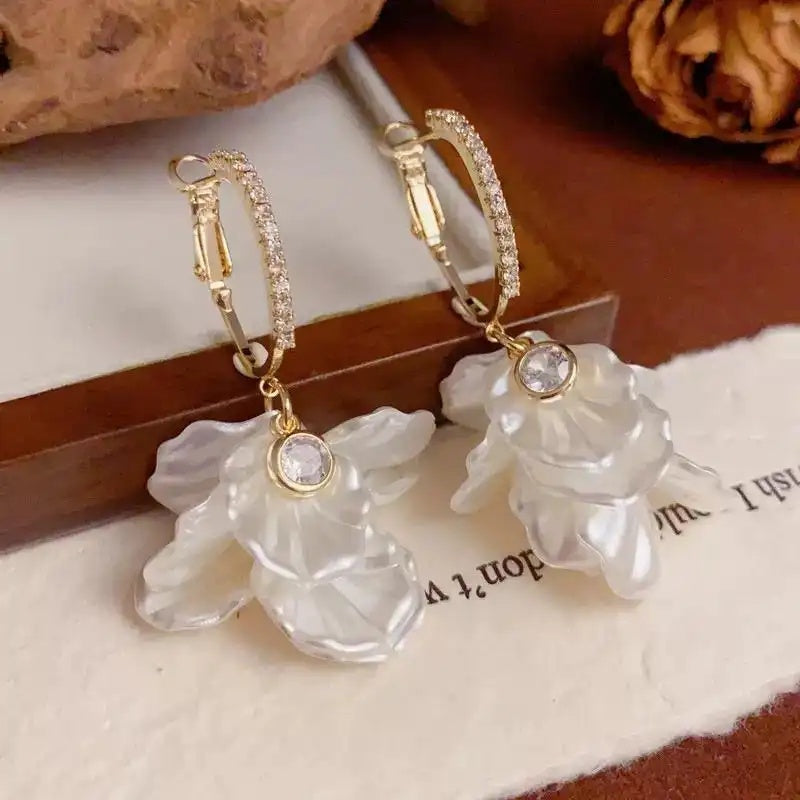 White Petal Tassel Crystal Floral Drop Earrings
