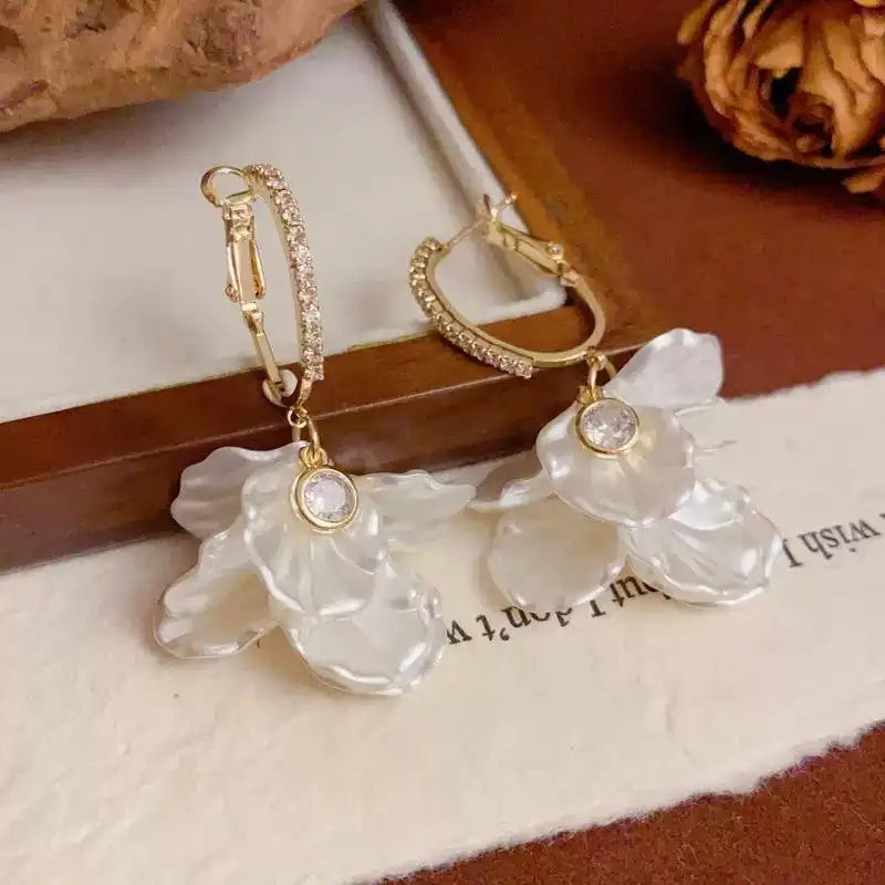White Petal Tassel Crystal Floral Drop Earrings