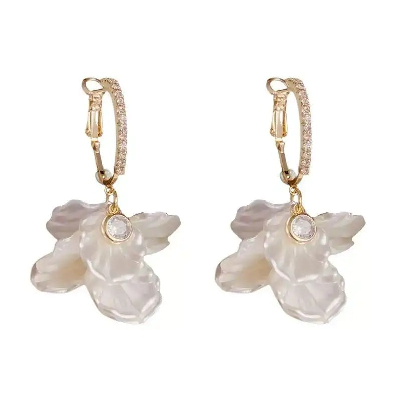White Petal Tassel Crystal Floral Drop Earrings