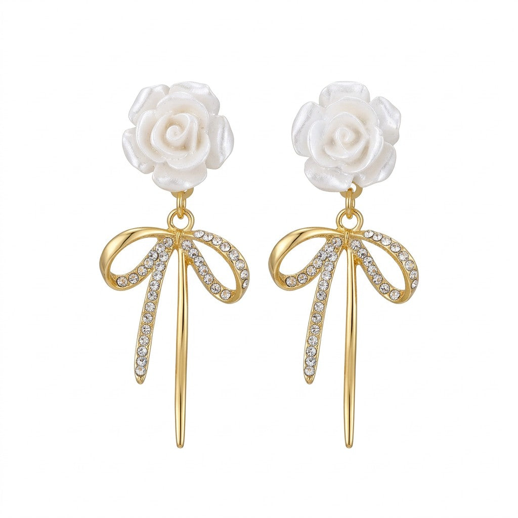 White Rose Bow Drop Earrings on a white background