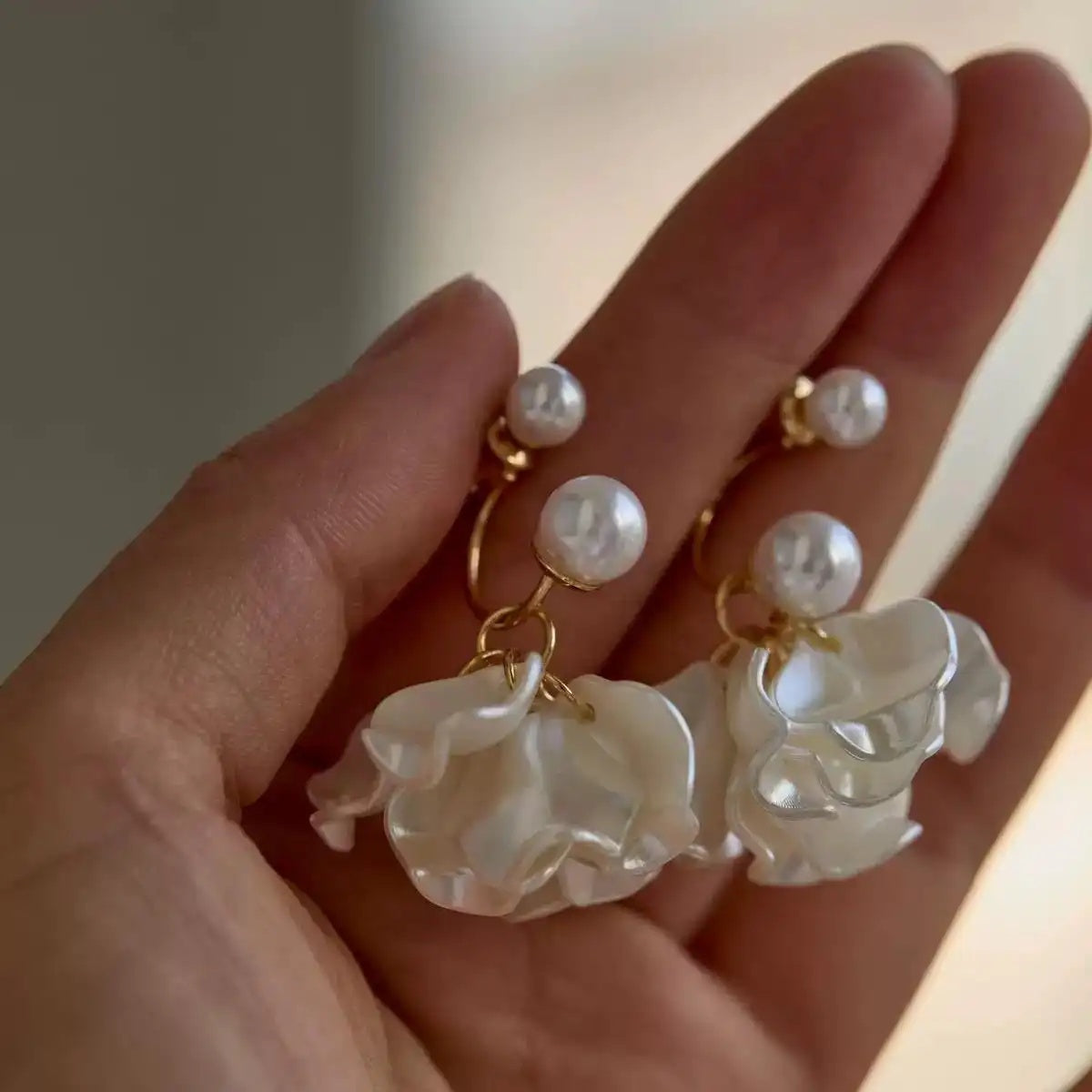 White Rose Pearl Jacket Earrings
