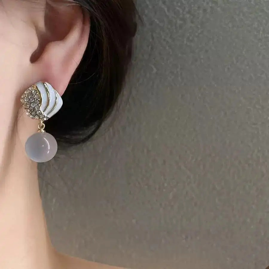 White Shell Crystal French Vintage Stud Earrings