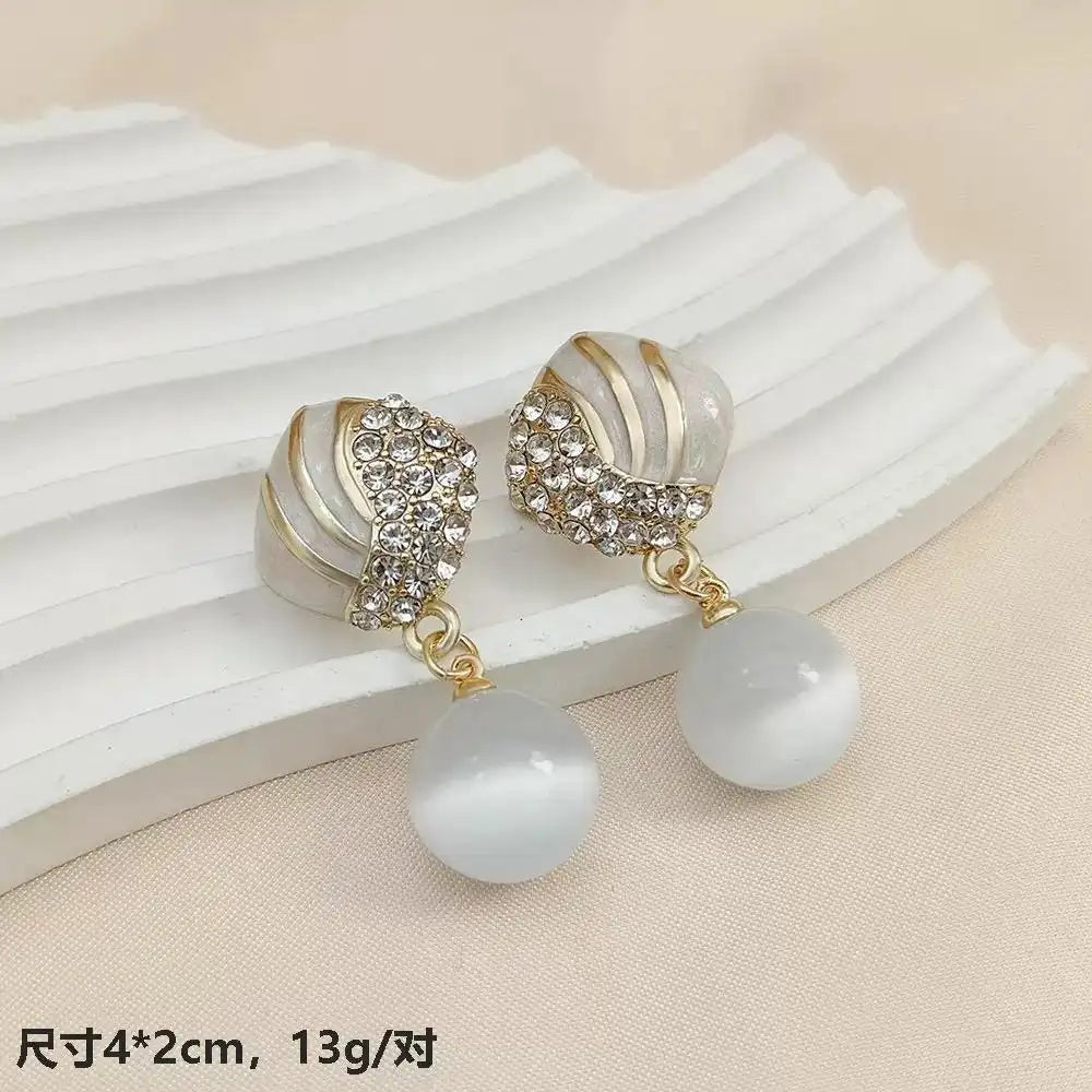 White Shell Crystal French Vintage Stud Earrings