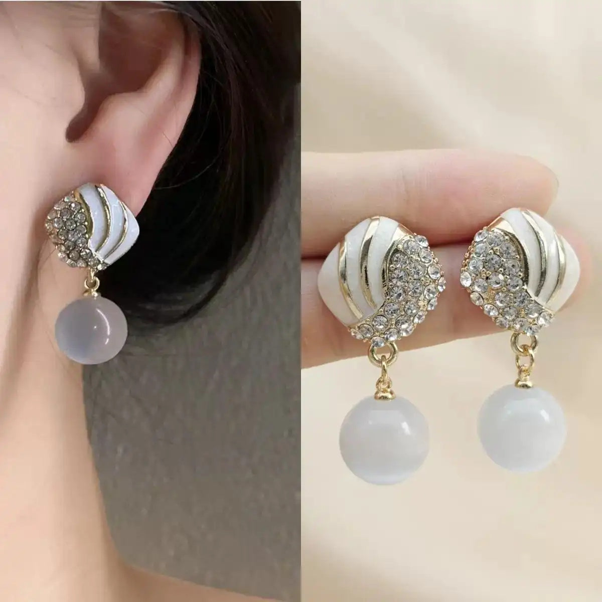 White Shell Crystal French Vintage Stud Earrings