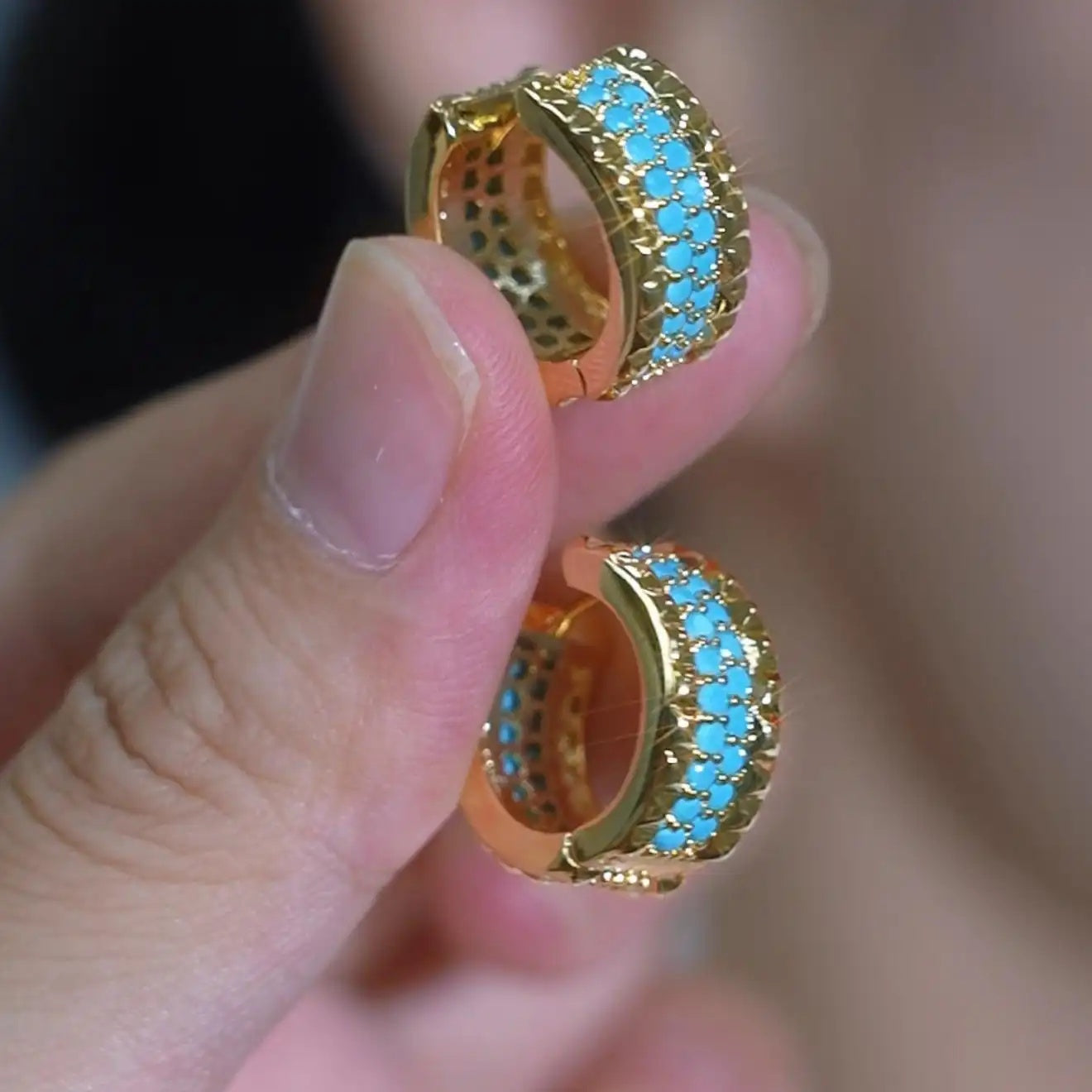 Wide Turquoise Crystal Hoop Earrings