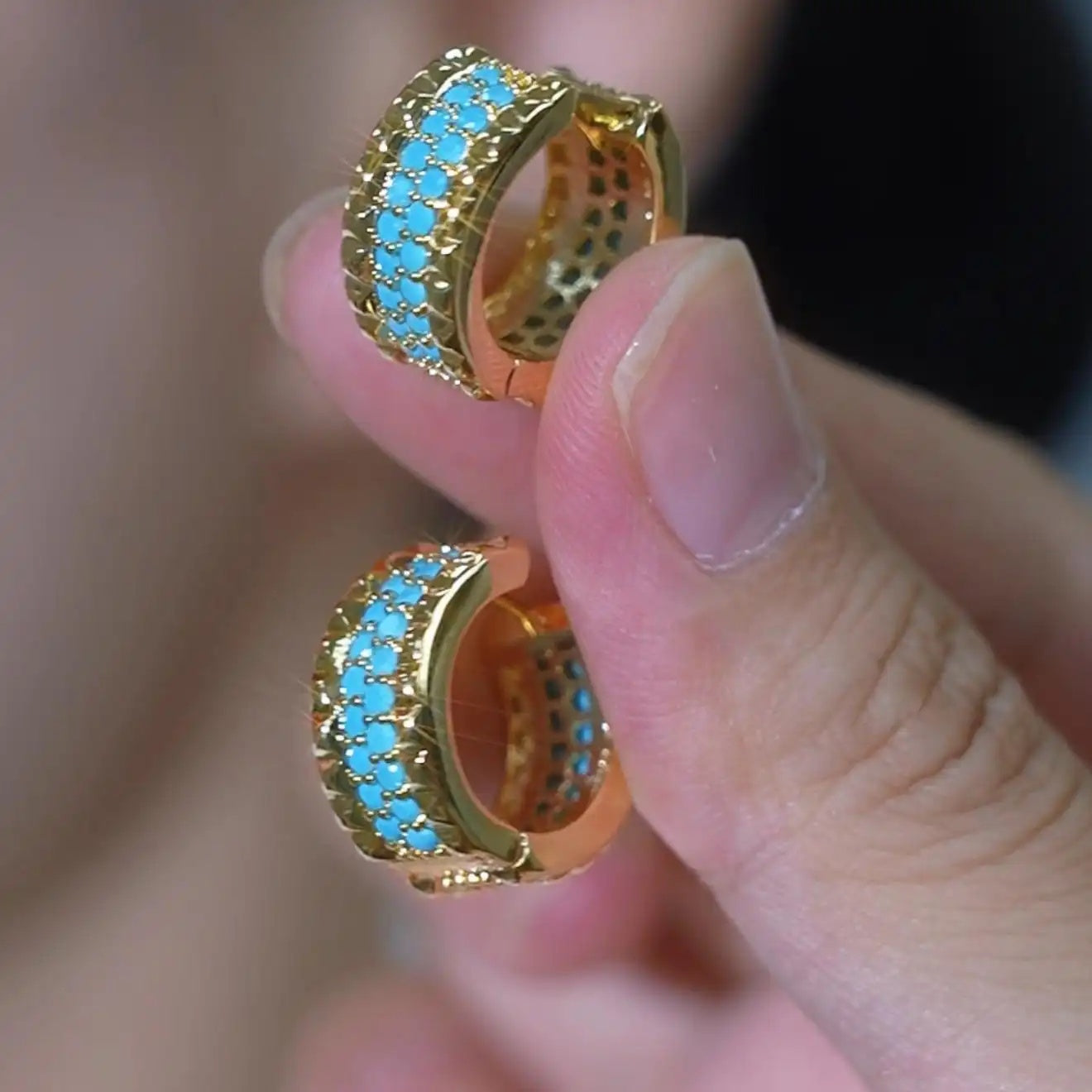 Wide Turquoise Crystal Hoop Earrings