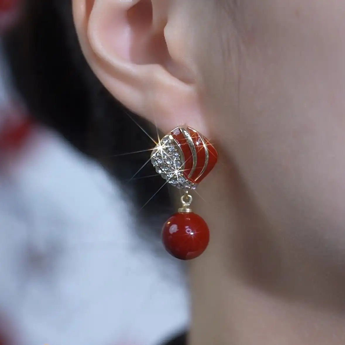 Wine Red Bead Stud Earrings