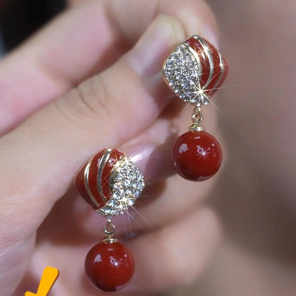 Wine Red Bead Stud Earrings