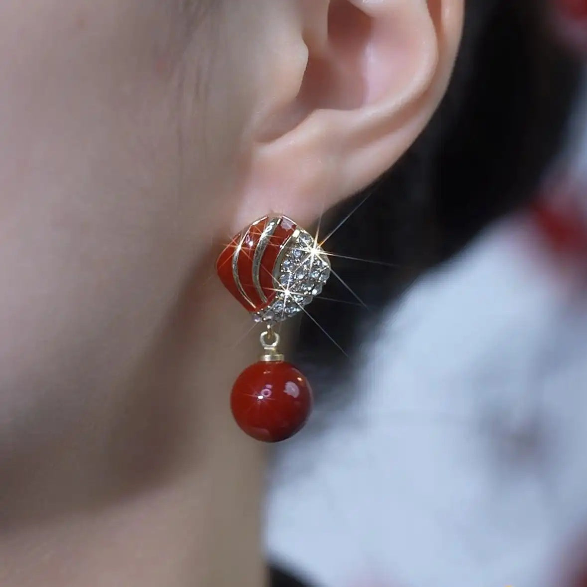 Wine Red Bead Stud Earrings