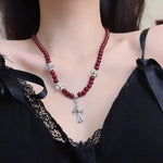 Wine Red Beaded Pendant Necklace