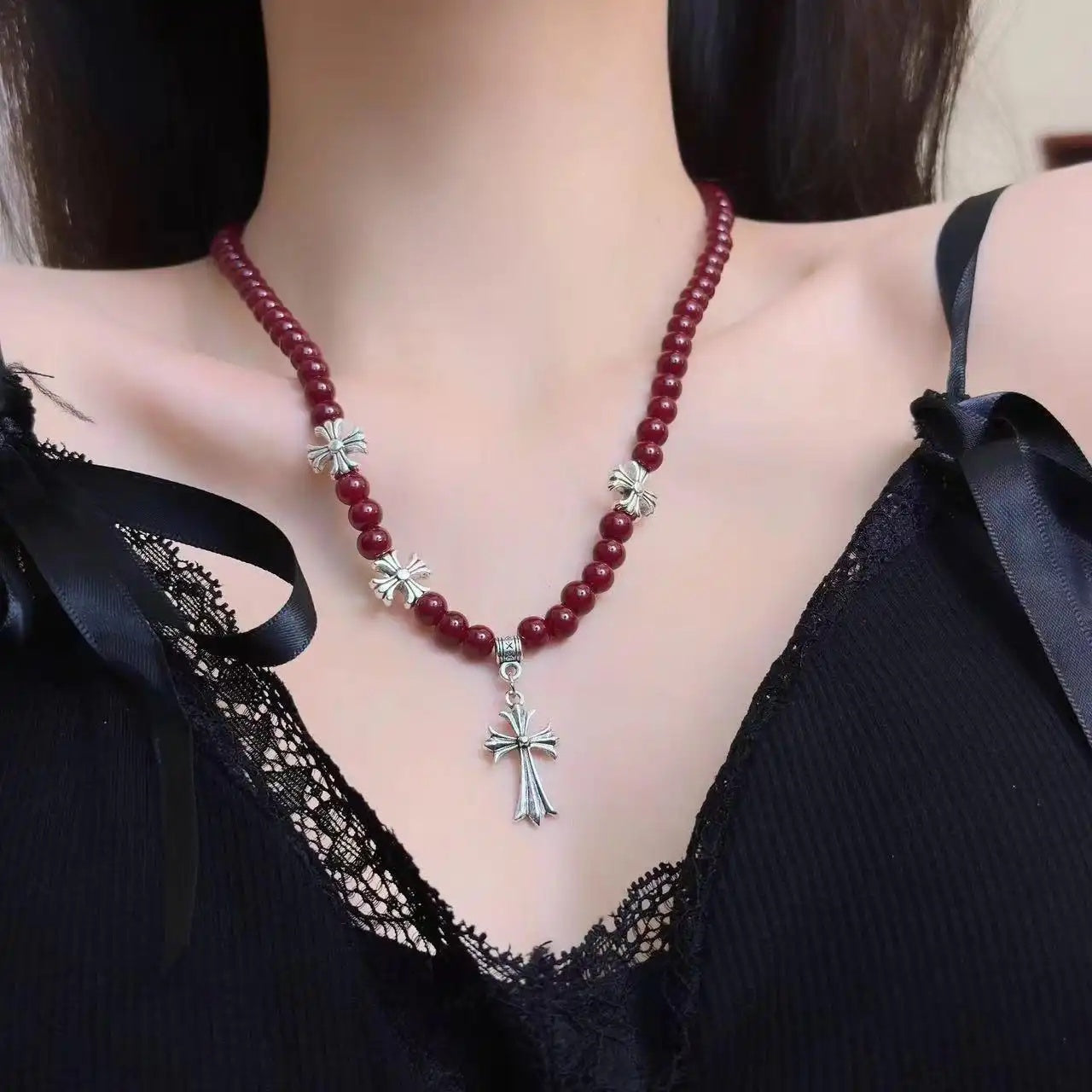 Wine Red Beaded Pendant Necklace
