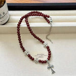 Wine Red Beaded Pendant Necklace