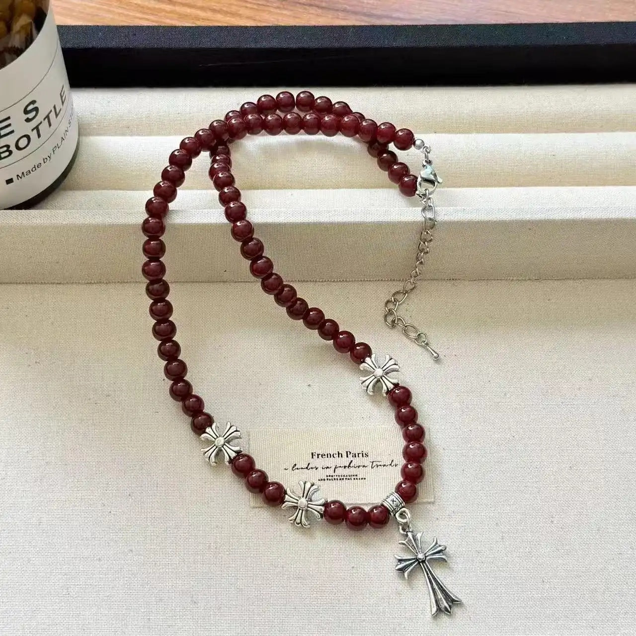 Wine Red Beaded Pendant Necklace