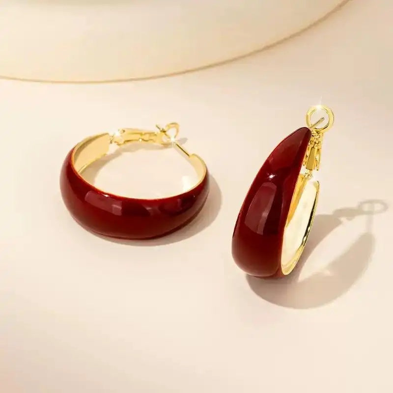 Wine Red Retro Large Round Hoop Earrings
