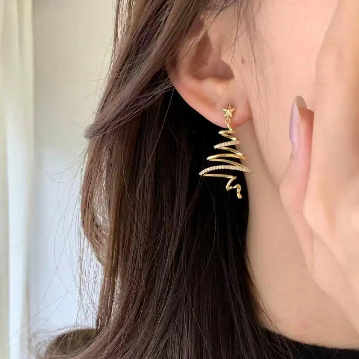 Winter Gold Star Christmas Tree Stud Earrings