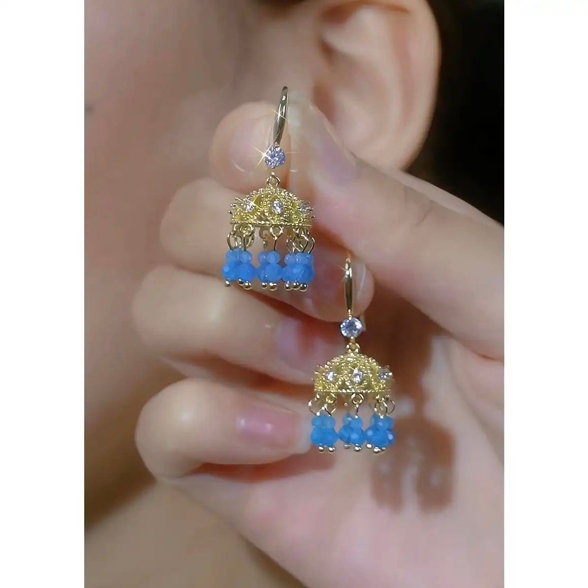 Yanda Bijiàn Shēnghuā Blue Tassel Drop Earrings